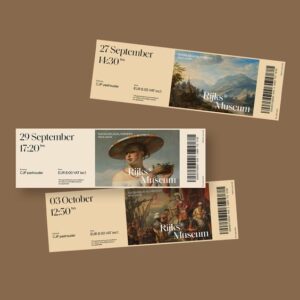 Three museum tickets that have a picture of paintings that are on display in the museum. They all feature the date, barcode, and the Museum name