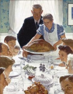 A portrait of a large family gathered at the table talking and laughing as the main course of the dinner is being set down. The grandmother holds a massive cooked turkey, leaning over to place it in the center of the table. The background is a bright and sunny dining room with drapes, wallpaper, and picture frames. 
