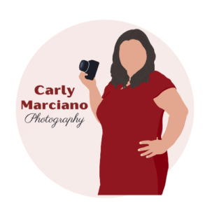 Logo of a cartoon woman in a red dress holding a camera inside a light pink circle, with the words "Carly Marciano photography" beside her. The name is in titlecase in the same color as the dress and the "photography" is in a black script font.