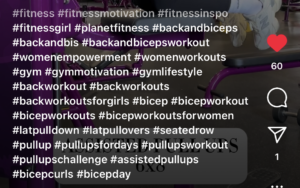 Hashtags on a back and bicep focused workout post.