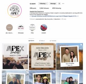 Screenshot image of the "sjuapex" instagram home page. White background, with black "APEX" letters and a tree on left side in a circle. Three larger square blocks underneath a smaller bar saying "posts, reels, tagged" Also smaller circles about "edu. resources#whyiapex
FAQs
LinkedIn" underneath. 