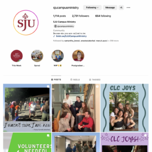 Screenshot image of the "sjucampusministry" instagram home page. White background, with red "sju" letters on left side in a circle. Three larger square blocks underneath a smaller bar saying "posts, reels, tagged" Also smaller circles about "post reels, tagged" with the caption "This Week, Synod, WIP, Postgradservice" underneath. 