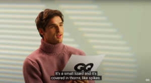 Jacob Elordi sits looking off camera. He is wearing a pink turtleneck sweater and is holding a GQ card. His has short brown hair and is making a half smile. The captions read "It's a small lizard and it's covered in thorns, like spikes."