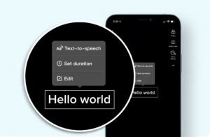 A light blue background with a black phone are shown. A circle is a bit forward from the phone and reads, "hello world". It is displaying the text to speech option for users.