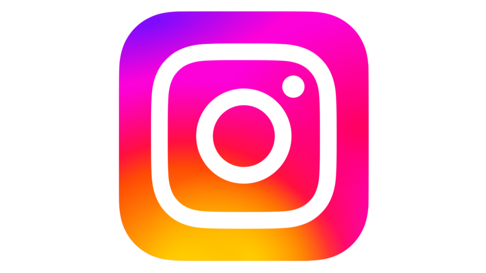The Instagram logo icon; a simple white graphic of a camera with rounded edges and a circle in the middle, dot in top right corner. The background is ombre pink, purple, yellow and orange.