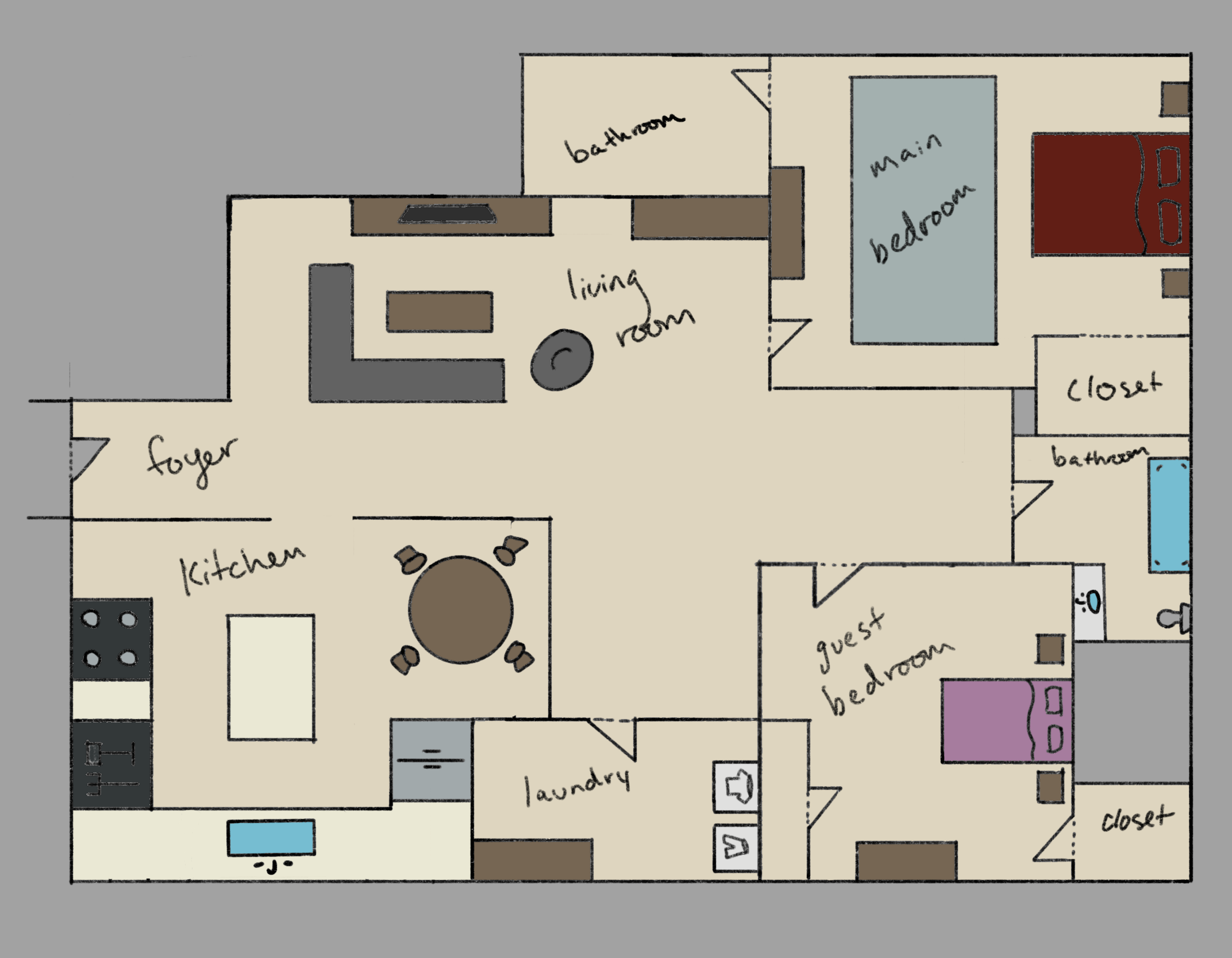 Floor plan layout of a one level apartment. There is an open living room and kitchen on the left side with bedrooms and bathrooms on the right side. Everything is a variety of tan, gray, brown, and black, with a few instances of color to show different beds and sources of water such as bathrooms and sinks.