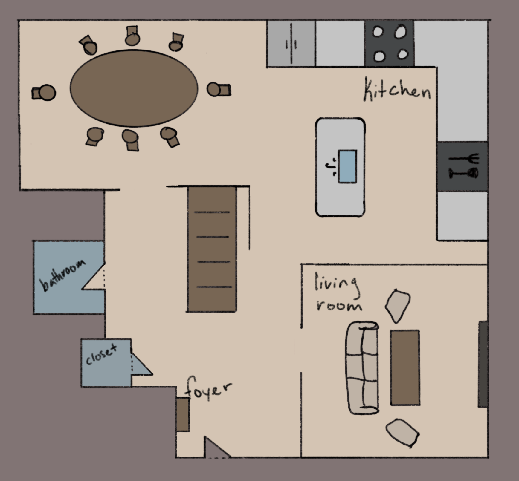 Floor plan layout of a living room on bottom right side, open kitchen and dining room on left and top. A small bathroom and closet are both shown on the left side. The design is a mix of neutral colored tans, brown, and grays.