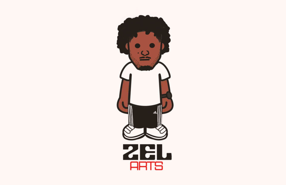 illustration of black cartoon character wearing a white tshirt and, black and white pants with white shoes.